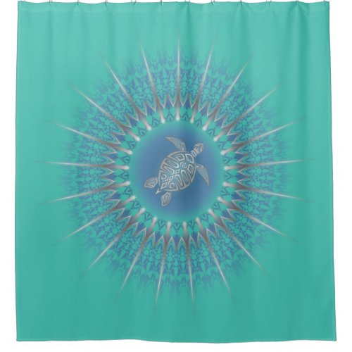 Turquoise Silver Turtle Mandala Shower Curtain