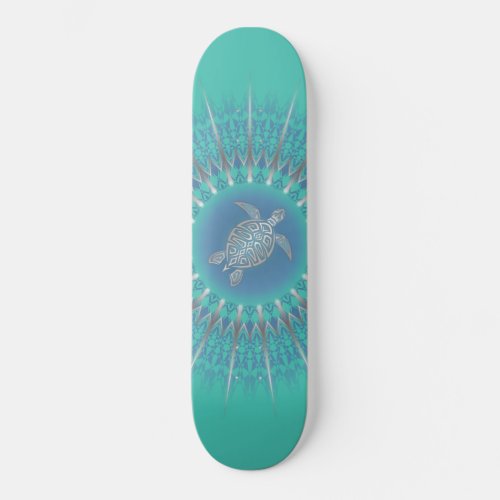 Turquoise Silver Turtle Mandala Skateboard