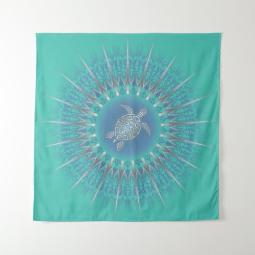 Turquoise Silver Turtle Mandala Tapestry