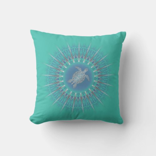 Turquoise Silver Turtle Mandala Throw Pillow