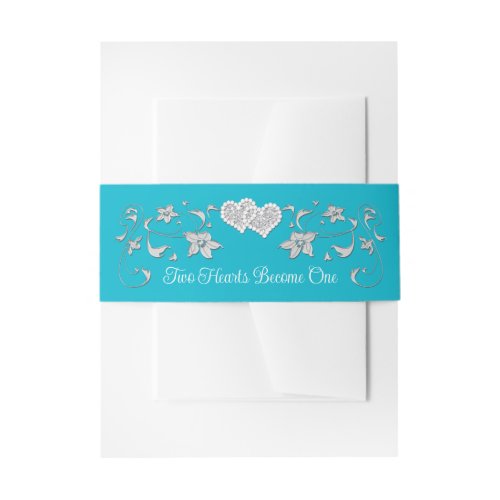 Turquoise Silver Two Hearts Become One Invitation Belly Band