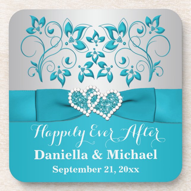 Turquoise, Silver Wedding Favor Coaster Set (6) (Front)