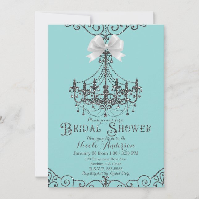 Turquoise & Silver White Bow Bridal Shower Invitation (Front)