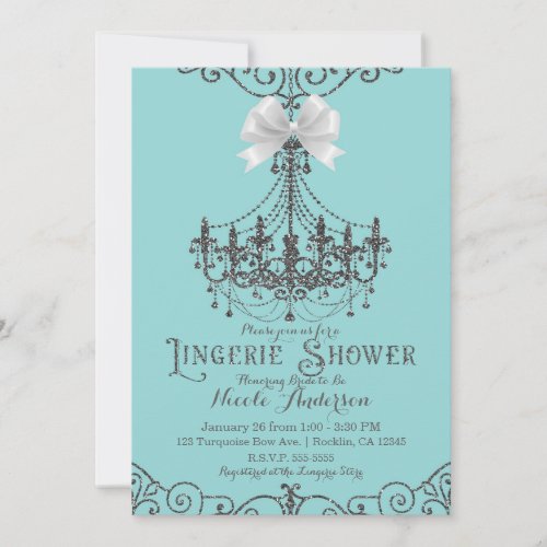 Turquoise  Silver White Bow Lingerie Shower Invitation