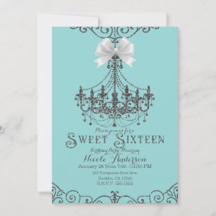 Turquoise & Silver White Bow Sweet 16 Sixteen Invitation