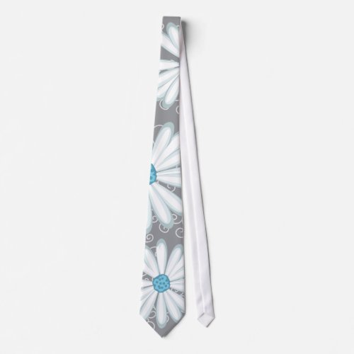 Turquoise Silver White Daisy Wild Flower Wedding Neck Tie