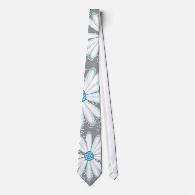 Turquoise Silver White Daisy Wild Flower Wedding Neck Tie (Front)