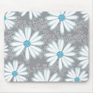 Turquoise Silver White Wild Daisy Floral Pattern Mouse Pad