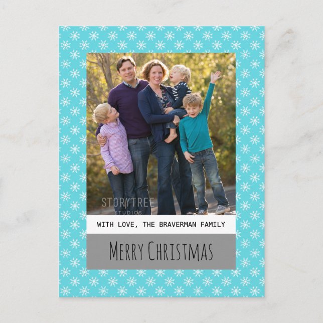 Turquoise Simple Snowflake Holiday Photo Postcard (Front)
