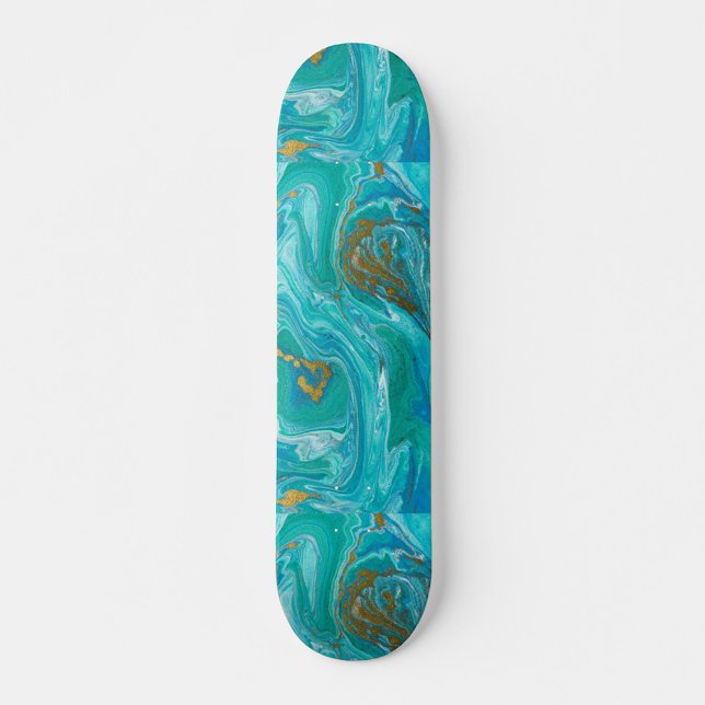 Turquoise Skateboard (The skateboard is blue with gold accents.)