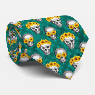 Turquoise Skulls and Sunflower Series Design 10 Neck Tie