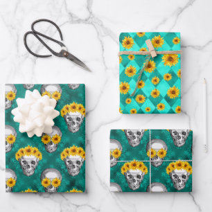 Turquoise Skulls and Sunflower Series Design 10 Wrapping Paper Sheets