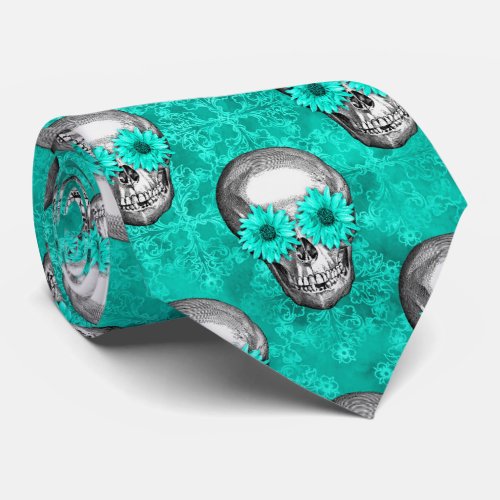Turquoise Skulls and Sunflower Series Design 11  Neck Tie