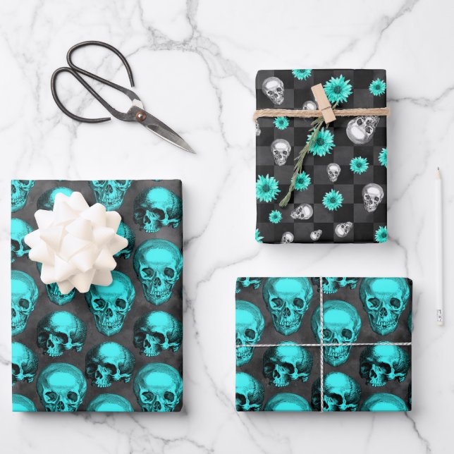 Turquoise Skulls and Sunflower Series Design 1  Wrapping Paper Sheets (Front)