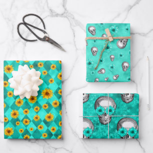 Turquoise Skulls and Sunflower Series Design 2   Wrapping Paper Sheets