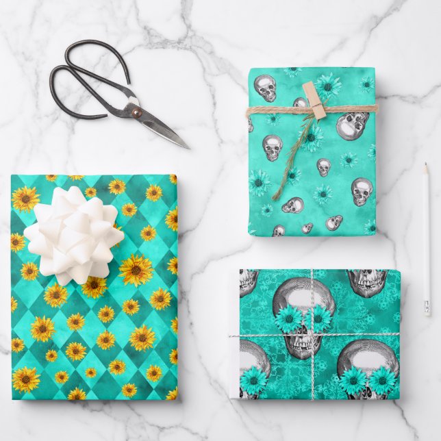 Turquoise Skulls and Sunflower Series Design 2   Wrapping Paper Sheets (Front)