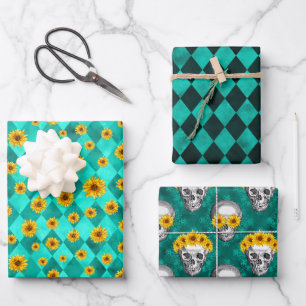 Turquoise Skulls and Sunflower Series Design 2 Wrapping Paper Sheets