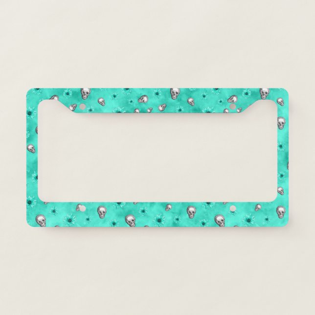 Turquoise Skulls and Sunflower Series Design 3 License Plate Frame (Front)