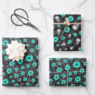 Turquoise Skulls and Sunflower Series Design 5 Wrapping Paper Sheets