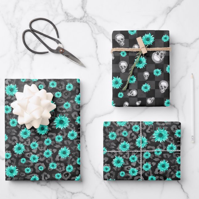 Turquoise Skulls and Sunflower Series Design 5   Wrapping Paper Sheets (Front)