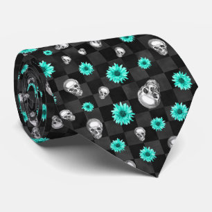 Turquoise Skulls and Sunflower Series Design 7 Neck Tie