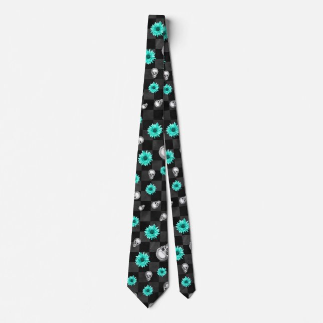 Turquoise Skulls and Sunflower Series Design 7  Neck Tie (Front)