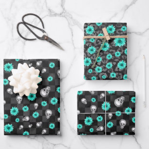 Turquoise Skulls and Sunflower Series Design 7 Wrapping Paper Sheets