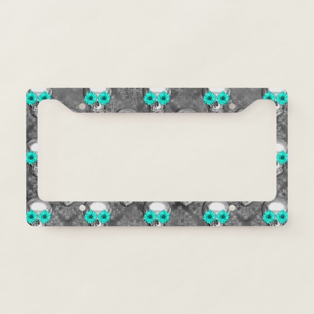 Turquoise Skulls and Sunflower Series Design 9  License Plate Frame (Front)