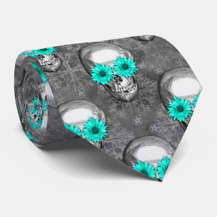Turquoise Skulls and Sunflower Series Design 9 Neck Tie