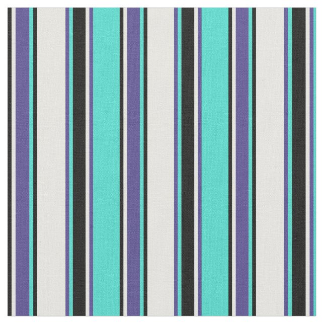 Turquoise, Slate Blue, Mint Cream & Black Lines Fabric (Close Up)