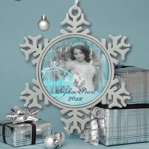 Turquoise Snowflake Christmas Photo Ornaments