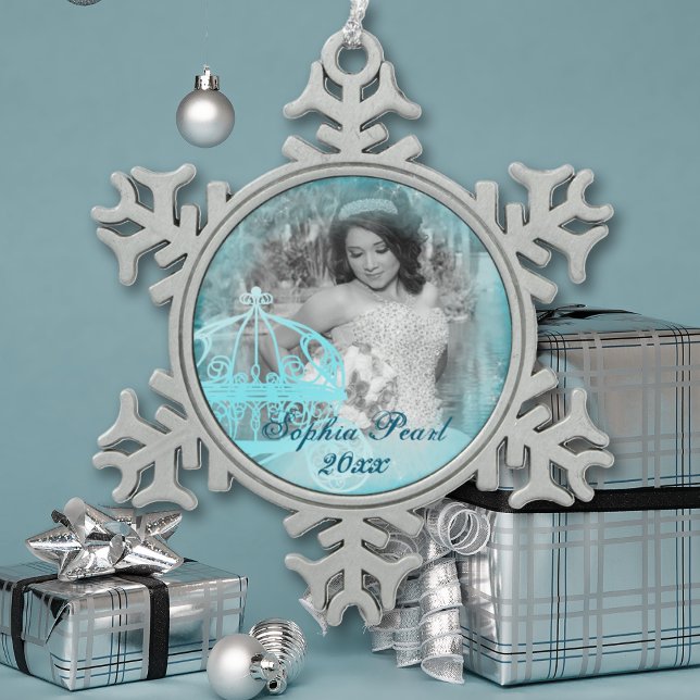 Turquoise Snowflake Christmas Photo Ornaments (turquoise aquamarine light blue quinceanera metal snowflake photo ornament christmas keepsake)