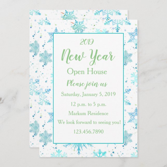 Turquoise Snowflake New Year Open House Invitation (Front/Back)