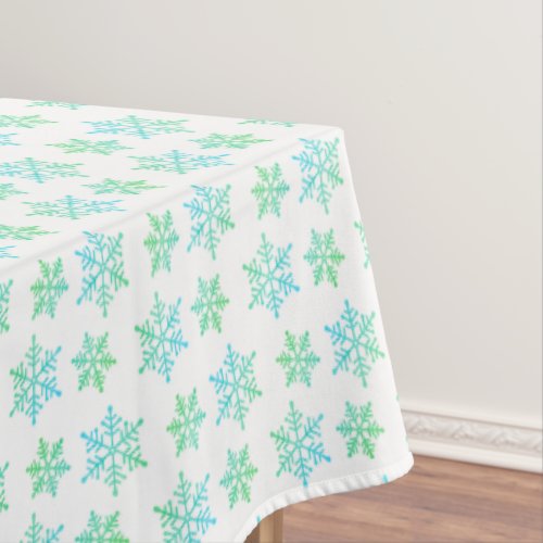 Turquoise Snowflake Pattern on White Tablecloth