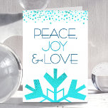 Turquoise Snowflake Peace Joy Love Bold Typography Holiday Card<br><div class="desc">“Peace, joy & love.” A giant, fun, playful, turquoise faux foil snowflake illustration and modern typography on a white background help you usher in the holiday season. A turquoise confetti dot border frames the top. Your personalized greeting is found on the inside. Feel the warmth and joy of the holidays...</div>