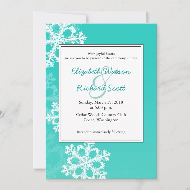 Turquoise Snowflakes Christmas wedding invitation (Front)