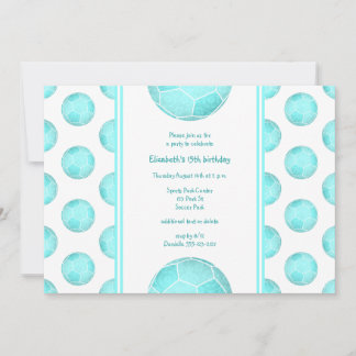 turquoise soccer balls pattern girly birthday invitation