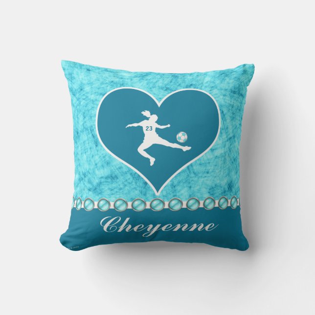 Turquoise Soccer Girl with Name and Number Throw Pillow (Front)