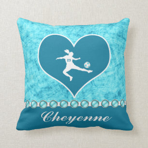 Turquoise Soccer Girl with Name and Number Throw Pillow