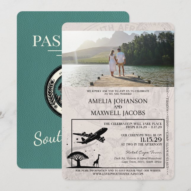 Turquoise South Africa Passport Wedding Invitation (Front/Back)