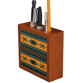 Turquoise Southwest Tribal Aztec Design Pencil/pen Holder by machomedesigns at Zazzle