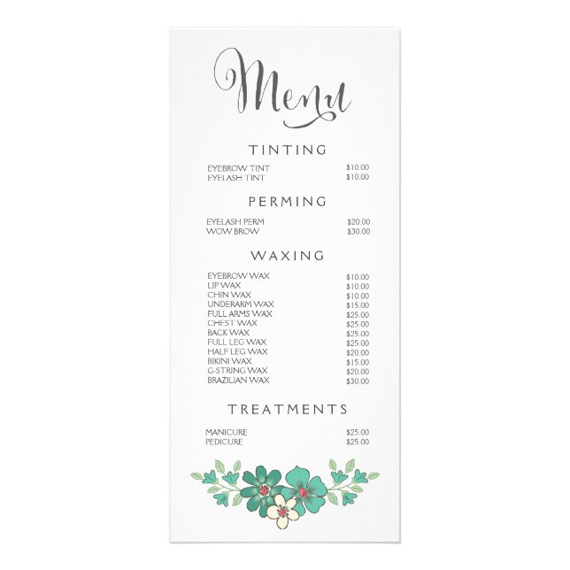 Turquoise Spa Salon Beautician Menu Price List (Front)