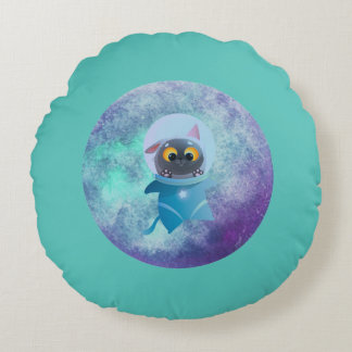 Turquoise Space Cat Round Pillow