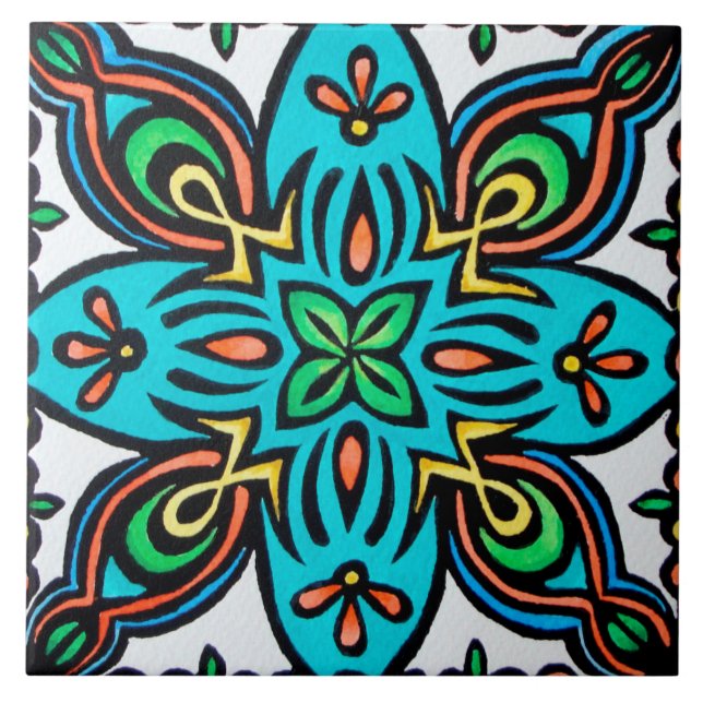 Turquoise Spanish Design Ceramic Photo Tile (Front)