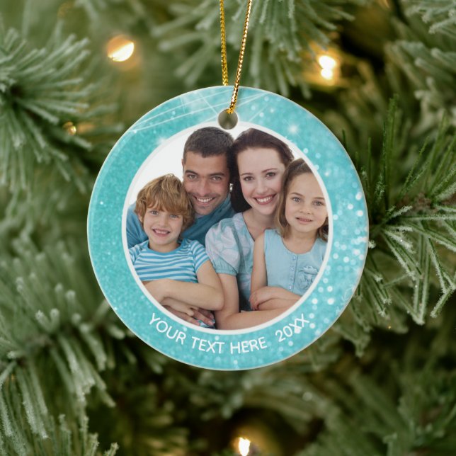 Turquoise Sparkle Bokeh, Two Photo, Two Sided Ceramic Ornament (Tree)