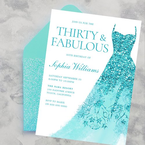 Turquoise Sparkle Dress 30th Birthday Party  Invitation