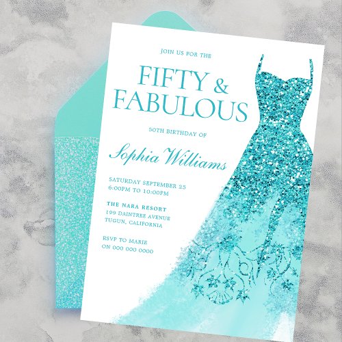 Turquoise Sparkle Dress 50th Birthday Party  Invitation