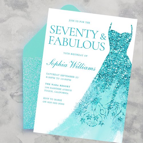 Turquoise Sparkle Dress 70th Birthday Party  Invitation