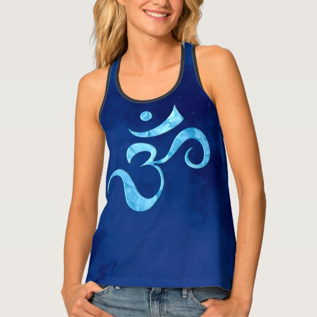 Turquoise Sparkle Om Blue Monochrome Tie dye Tank Top (Front)