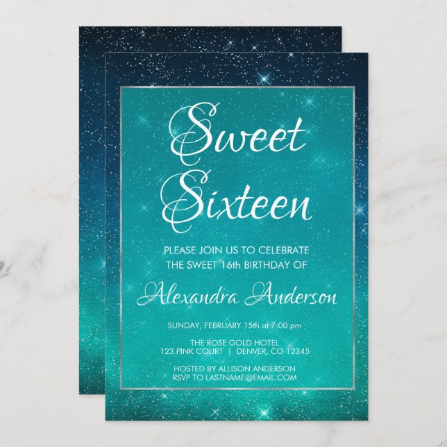 Turquoise Sparkle Sky Sweet 16 Birthday Invitation (Front/Back)
